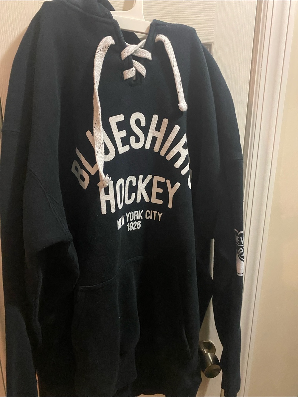 New York Rangers Hockey Navy Hoodie with Lace-Up Neck